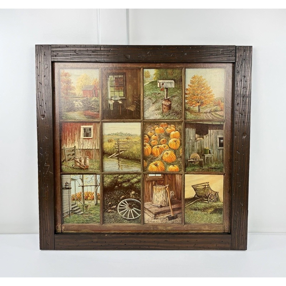 Vintage Homco 12 Window Pane Picture Fall Harvest B Mitchell Art Cottagecore